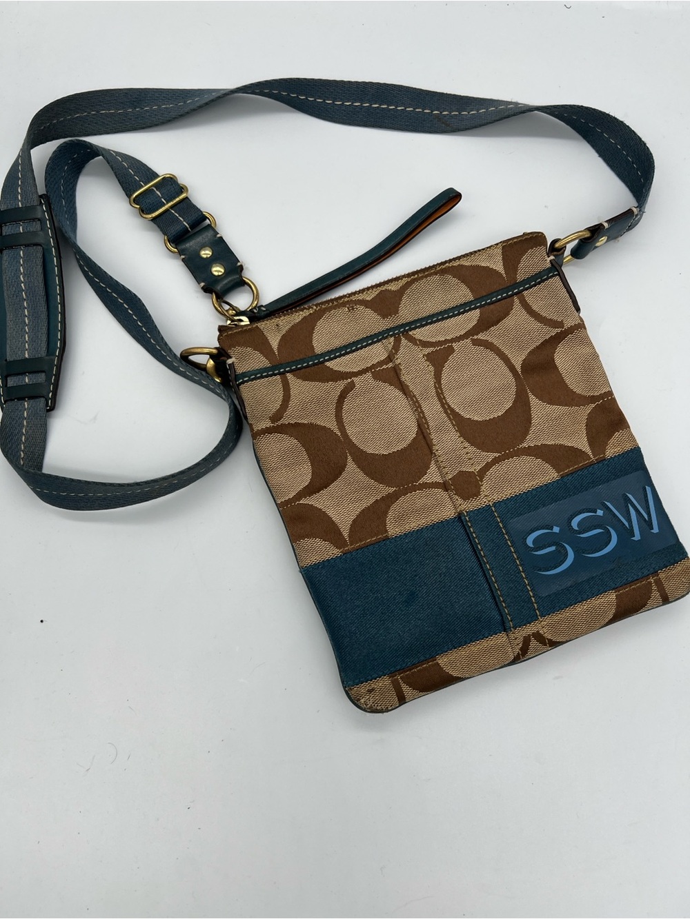Vintage Coach Brown Signature Canvas Crossbody Bag with Blue Accent